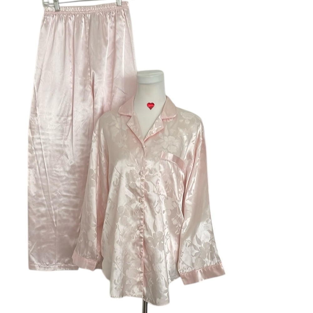 Vintage Collette Pink Satin Jacquard Pajama Set Floral Silky Size S